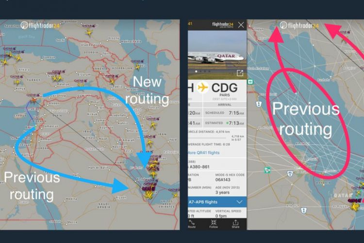 Rute penerbangan lama dan baru setelah Arab Saudi mengeluarkan larangan terbang bagi pesawat beregistrasi Qatar, Selasa (6/6/2017)