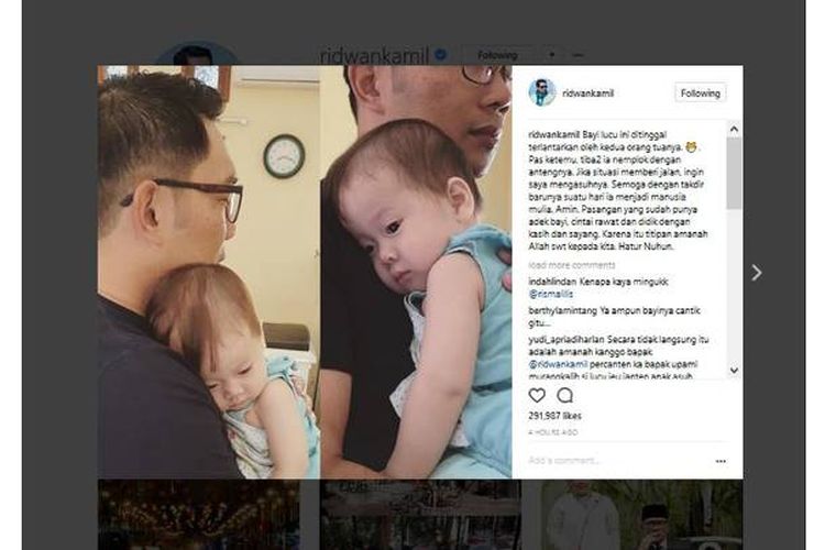 Wali Kota Bandung Ridwan Kamil mengunggah fotonya tengah menggendong seorang bayi di akun Instagram pribadinya @ridwankamil, Selasa (11/7/2017). 