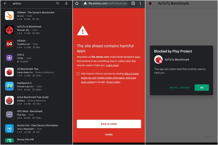 Aplikasi AnTuTu yang tidak bisa ditemukan di Google Play Store (kiri), halaman download resmi file APK AnTuTu yang diblokir Chrome (tengah), dan pemblokiran pemsangan aplikasi AnTuTu oleh fitur Play Protect (kanan).