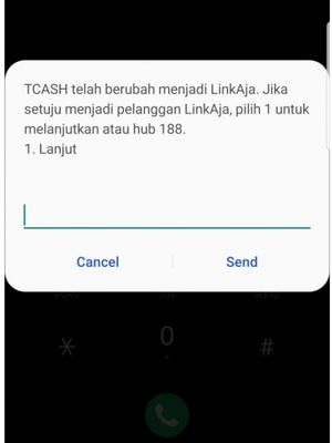 Persetujuan peralihan layanna dari T-Cash ke LinkAja melalui USSD T-Cash ke nomor *800#.