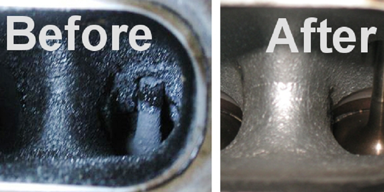 Ilustrasi ruang pembakaran mesin yang masih menyimpan carbon deposit dengan yang sudah dibersihkan.