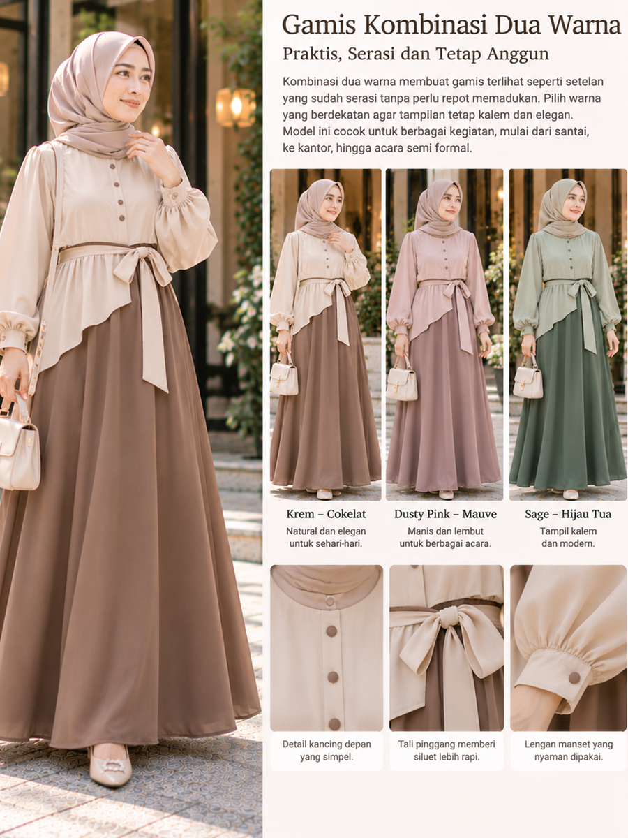 Gamis Kombinasi Dua Warna, Modern dan Unik.