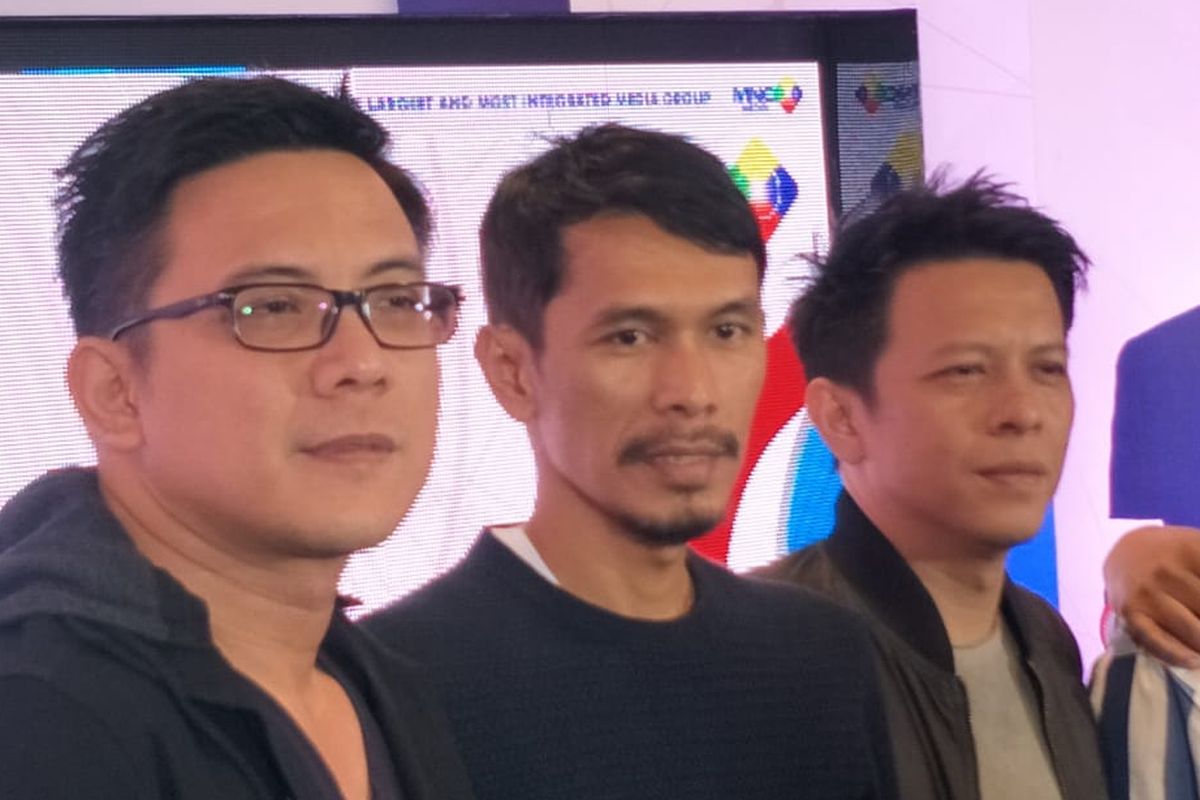 David, Lukman dan Ariel Noah saat jumpa pers konser #ILOVERCTI30 di MNC Tower, Kebun Jeruk, Jakarta Barat, Rabu (7/8/2019).