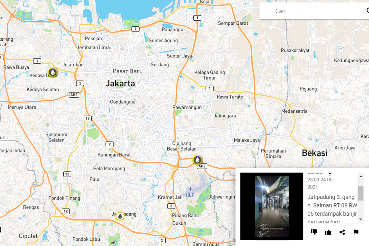 Banjir di Jakarta yang dilaporkan warga di situs web petabencana.id pada Senin (24/5/2021) malam.