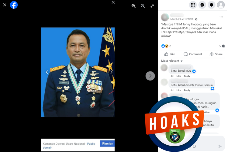 Tangkapan layar konten hoaks di sebuah akun Facebook, Jumat (29/3/2024), soal Marsdya Tonny Harjono adalah adik ipar Iriana Jokowi.