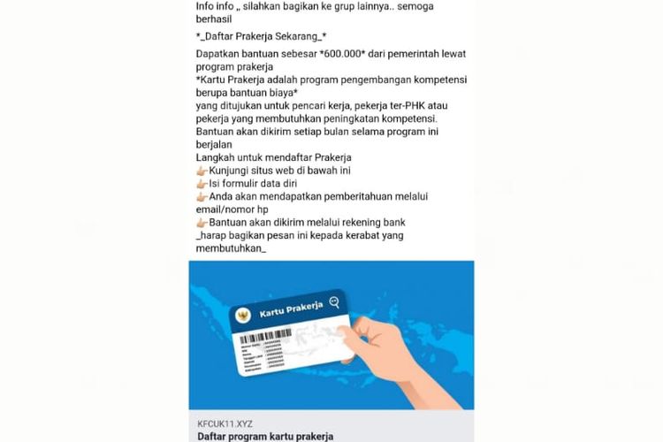 Status Facebook berisi alamat situs web tidak resmi kartu prakerja.