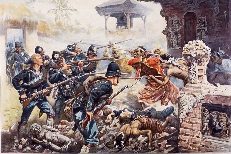 Ilustrasi serangan Belanda pada Perang Lombok 1894.