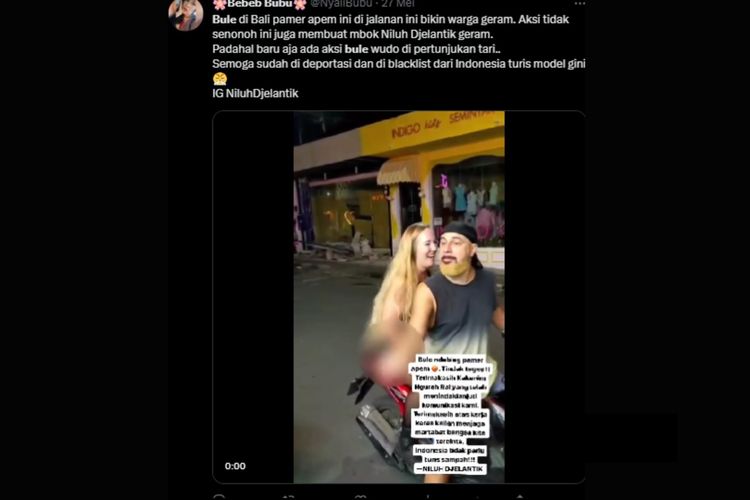 Video yang memperlihatkan seorang WNA memamerkan alat kelamin di Bali, beredar di Twitter sejak Sabtu (27/5/2023).