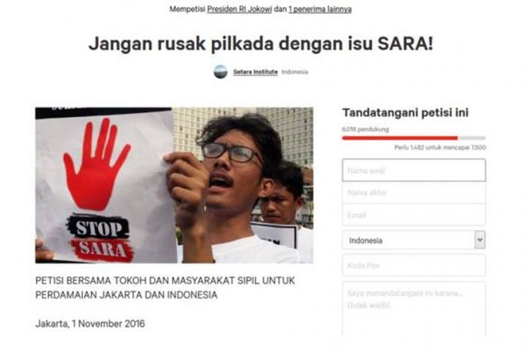 Ilustrasi isu SARA: Petisi Jangan rusak pilkada dengan isu SARA! di change.org.