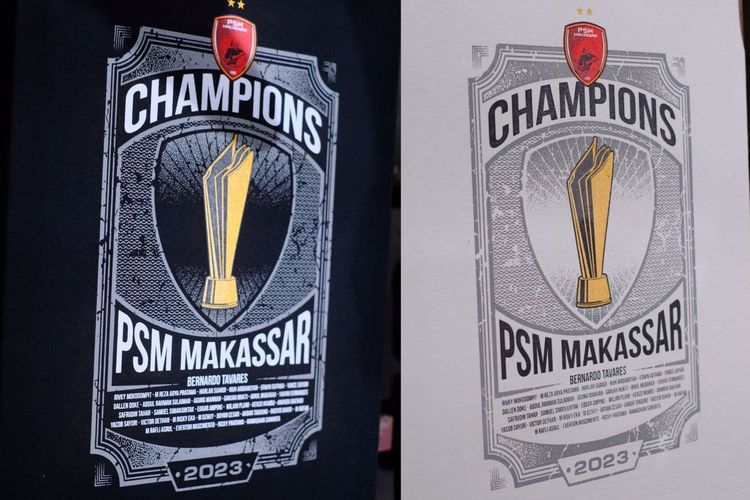 Salah satu desain kaos yang siap digunakan untuk merayakan PSM Makassar menerima trofi judar Liga 1 2022-2023