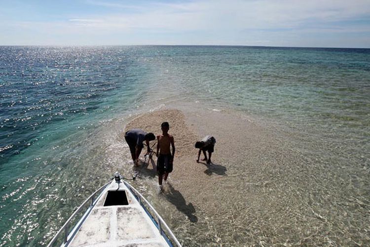 Pengunjung bermain air dan melihat ikan kecil di Takat Sagele, Kawasan Pulau Moyo, Sumbawa Besar, Nusa Tenggara Barat, Selasa (28/3/2017). Selain menjadi surga para penyelam permukaan (snorkeling), Takat Sagele yang merupakan pulau mini dari karang ini juga menarik para wisatawan untuk sekedar berfoto ataupun terun bersandar melihat permukaan dangkal.