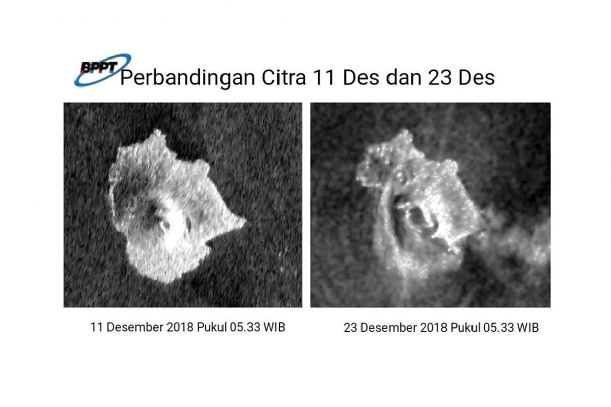 Perbandingan wajah Anak Krakatau dari udara pada 11 Desember dan 23 Desember 2018. 