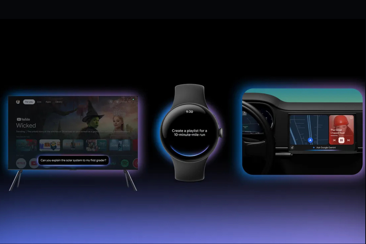 Ilustrasi perangkat yang akan mendapatkan dukungan gemini AI, meliputi Google TV, smartwatch (Wear OS), dan mobil dengan Android Auto.