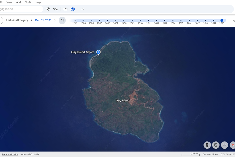 Cita satelit Pulau Gag pada 2020, terlihat area terbuka makin lebar.