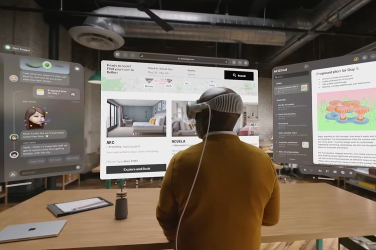 Apple Vision Pro bisa menampilkan ruang kerja virtual dimanapun. 