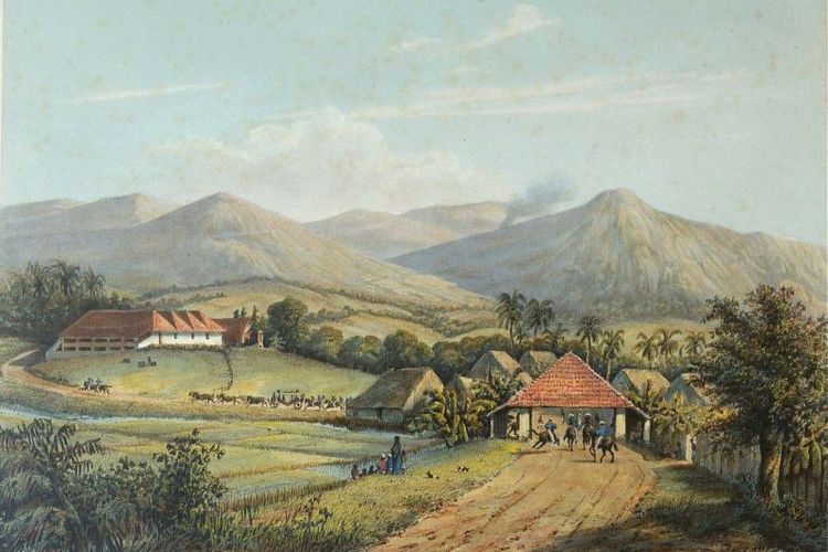 Lukisan Bogor di masa lampau oleh A. Salm dari tahun 1865 - 1872. Lukisan menggambarkan jalan dari Buitenzorg (Bogor) ke Preanger (Bandung).