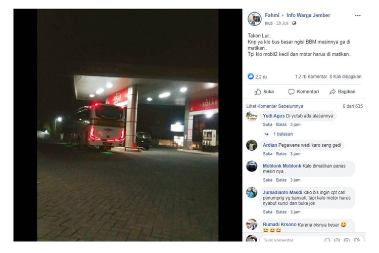 Sebuah unggahan yang bernarasikan mengapa bus ketika mengisi bahan bakar minyak (BBM) tidak pernah mematikan mesinnya, viral di media sosial.