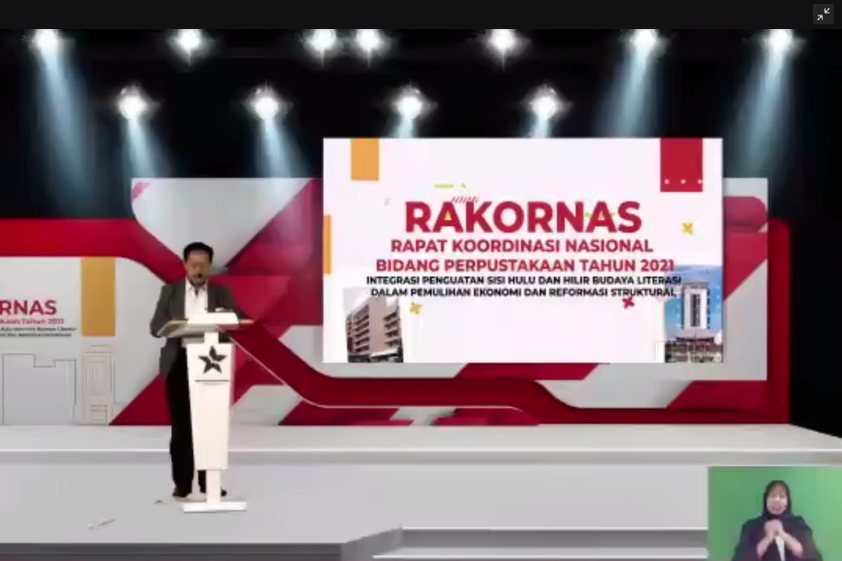 Kepala Perpusnas Muhammad Syarif Bundo dalam pembukaan Rakornas Bidang Perpustakaan 2021 yang diadakan Perpustakaan Nasional (Perpusnas) mengangkat tema Integrasi Penguatan Sisi Hulu dan Hilir Budaya Literasi dalam Pemulihan Ekonomi dan Reformasi Struktural.