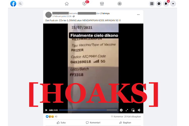 Tangkapan layar unggahan hoaks di sebuah akun Facebook, yang menyebut bahwa seseorang yang sudah mendapat suntikan vaksin Covid-19 dosis ketiga maka akan mendapat kode 5G.