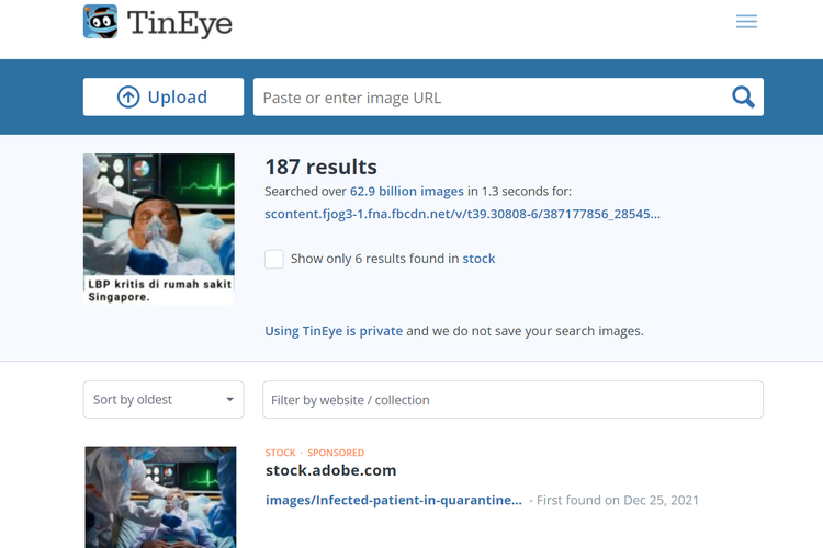 Tangkapan layar pencarian gambar di TinEye, mengarahkan ke ilustrasi pasien karantina di rumah sakit setelah terinfeksi virus corona yang tersedia di Adobe dan Shutterstock.