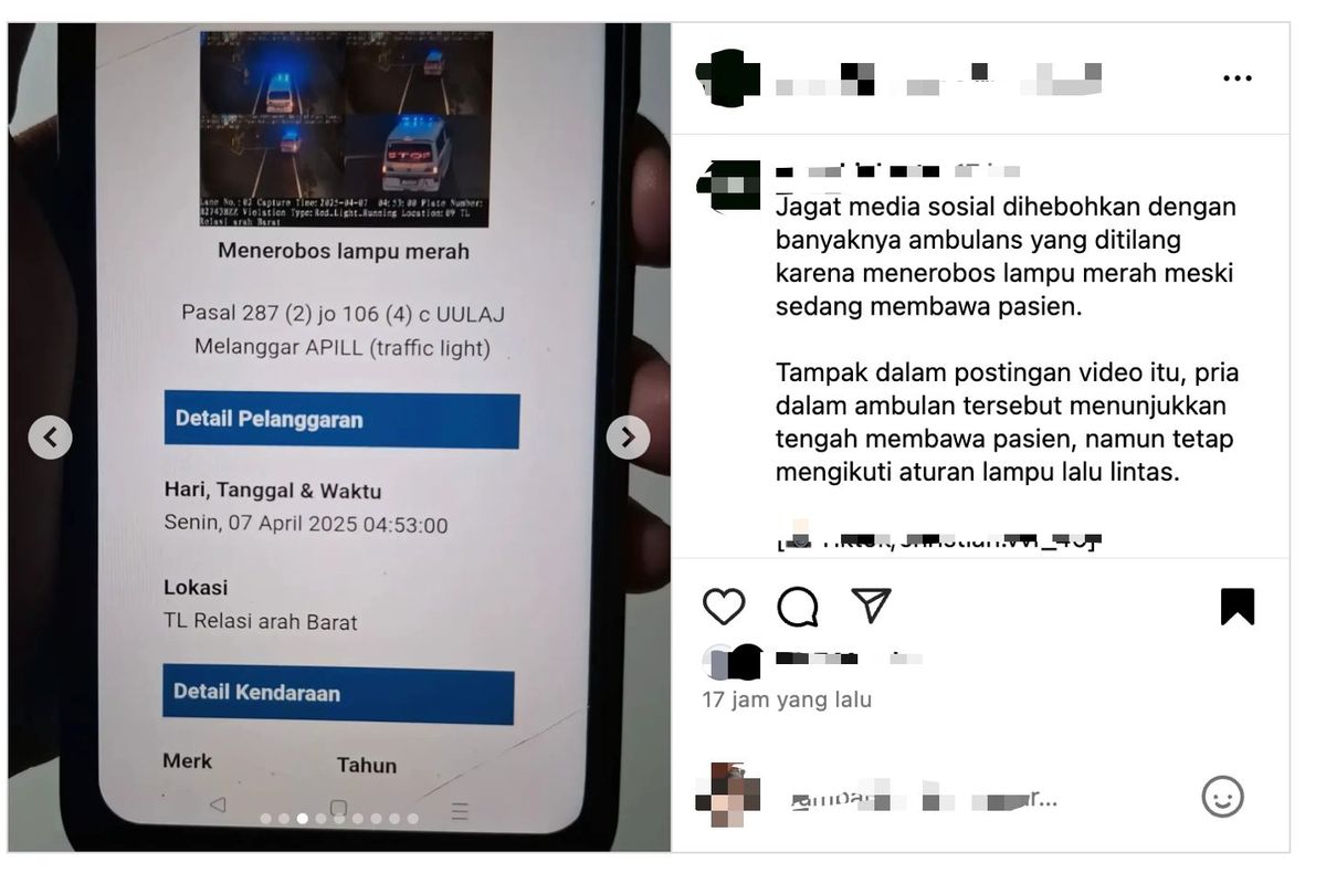 Tangkapan layar ETLE dari mobil ambulans yang kena tilang di wilayah Jakarta.