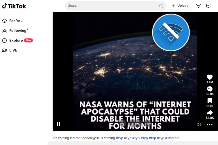 Tangkapan layar unggahan dengan narasi salah di sebuah akun TikTok, soal peringatan kiamat internet yang diklaim bersumber dari NASA.