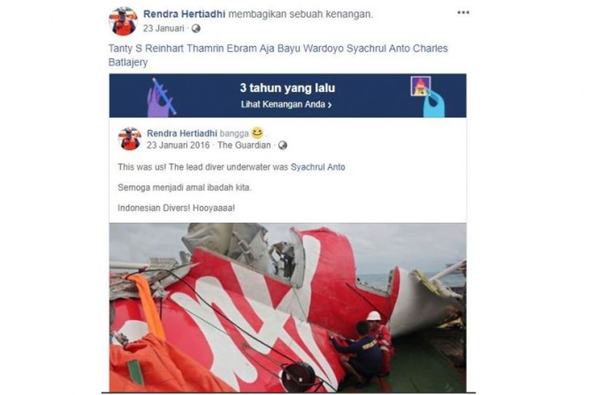 Unggahan Facebook yang menyebutkan Syachrul pernah terlibat dalam pencarian korban pada kecelakaan Air Asia 2014 silam.