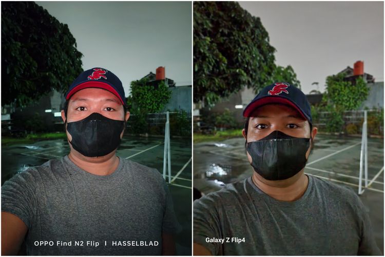 Hasil foto kamera utama Oppo Find N2 Flip 50 MP (f/1.8) di sebelah kiri dan Samsung Galaxy Z Flip 4 12 MP (f/1.8) di sebelah kanan di malam hari. Bisa dilihat, kamera ponsel Oppo mampu menangkap obyek manusia dengan fokus yang cukup akurat. Di sisi lain, beberapa detail di hasil foto ponsel Samsung, seperti detail mata, tidak setajam hasil foto ponsel Oppo.