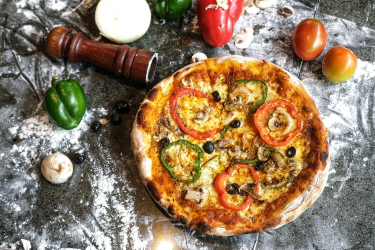 Ilustrasi piza sehat, vegetarian pizza