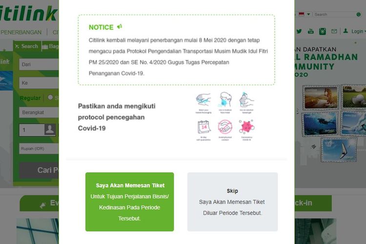 Tampilan berbeda dalam situs pemesanan tiket Citilink yang akan mulai terbang mulai besok, Jumat, 8 Mei 2020.