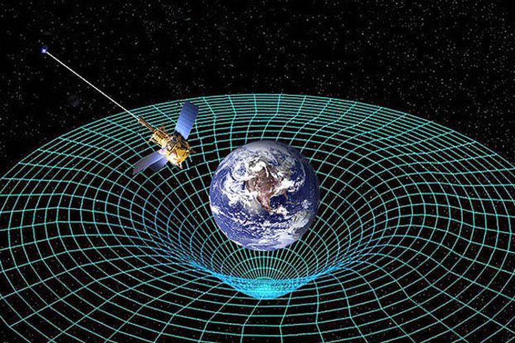 Ilustrasi gravitasi sebagai ruang melengkung yang membungkus objek dan menarik benda lain ke pusatnya