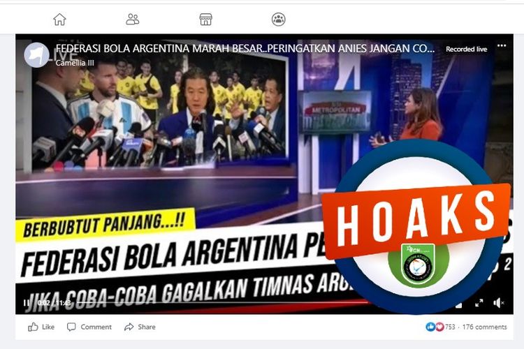 Tangkapan layar Facebook narasi yang menyebut federasi sepak bola Argentina (AFA) memperingatkan Anies Baswedan untuk tidak menggagagalkan kedatangan timnas Argentina ke Indonesia
