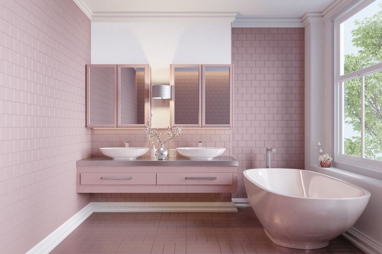 ilustrasi kamar mandi berwarna pink