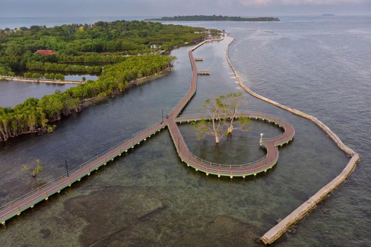 Jembatan Pengantin di Pulau Untung Jawa, Kepulauan Seribu, yang dibuat berbentuk hati mengelilingi pohon pengantin.