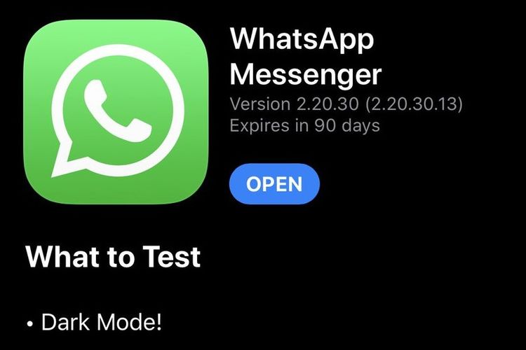 Versi WhatsApp Messenger versi iOS (untuk pengguna TestFlight) yang mendukung dark mode.