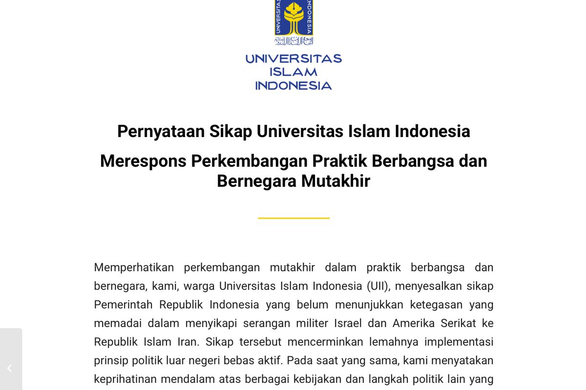 UII Kritik Ketegasan Pemerintah Tanggapi Serangan AS-Israel ke Iran