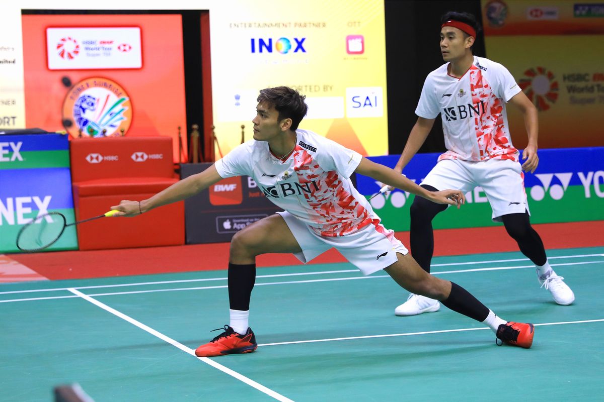Muhammad Shohibul Fikri/Bagas Maulana saat melawan Fajar Alfian/Muhammad Rian Ardianto pada babak 16 besar India Open 2023 di K.D. Jadhav Indoor Hall, New Delhi, Kamis (19/1/2023). Terkini, Fikri/Bagas akan tampil di semifinal Thailand Masters 2023, Sabtu (4/2/2023).