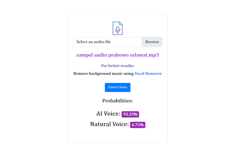 Tangkapan layar hasil deteksi AI Voice Detector untuk audio Prabowo selawat
