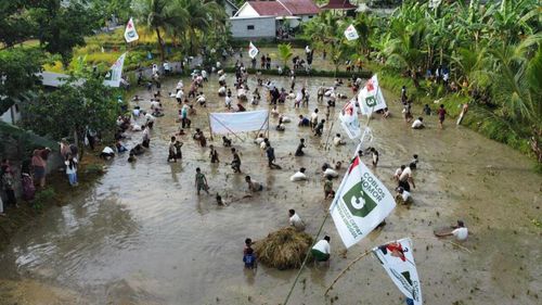 Relawan Ganjar-Mahfud di Lombok Timur Gelar Event Begasap, Keseruan Berburu Ikan di Sawah
