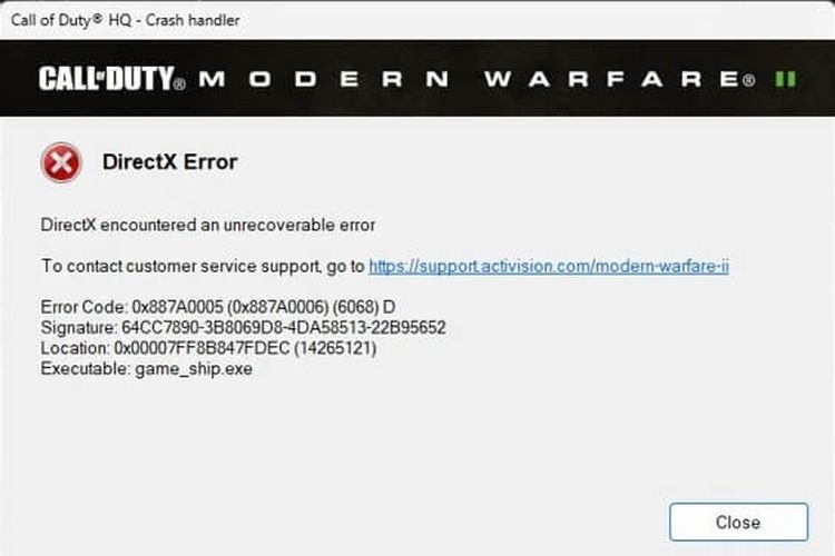 Jendela error yang akan ditemui pemain COD Warzone 2.0 dan Modern Warfare 2 yang memiliki kartu grafis Radeon RX Vega Series.