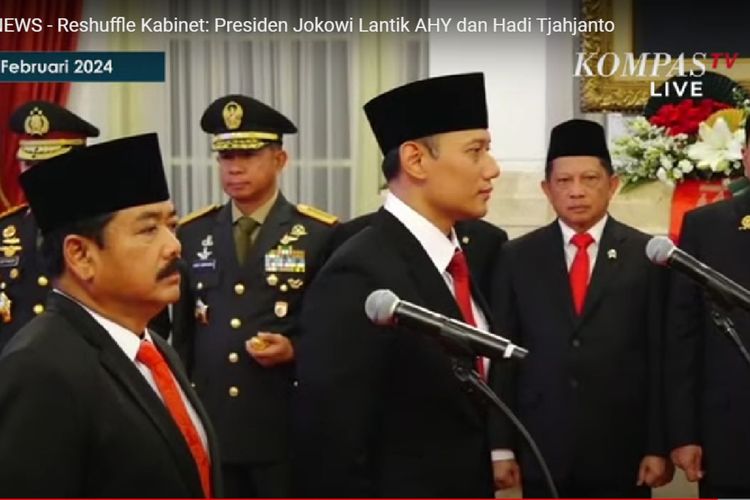 Tangkapan layar acara pelantikan AHY sebagai Menteri ATR/Kepala BPN di Istana Kepresidenan, Jakarta, Rabu (21/2/2024).