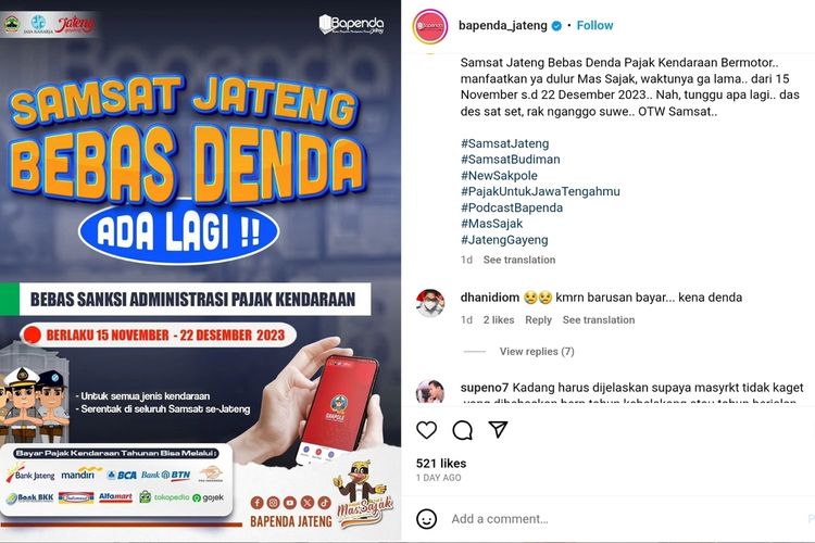 Unggahan Bapenda Jateng terkait program bebas denda Pajakn di Samsat se-Jateng.