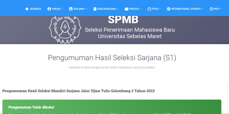 Situs SMPB UNS 2023 untuk cek pengumuman hasil seleksi masuk Universitas Sebelas Maret.