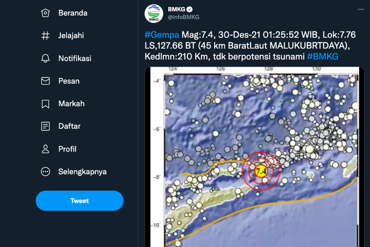 Gempa magnitudo 7,4 guncang Maluku barat daya, tidak berptensi tsunami