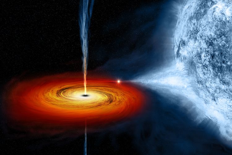 Ilustrasi lubang hitam Cygnus X-1 yang menarik materi dari bintang biru di sampingnya.