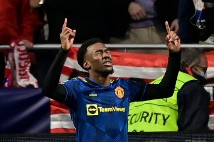 Selebrasi Anthony Elanga seusai mencetak gol pada laga leg pertama 16 besar Liga Champions yang mempertemukan Atletico Madrid vs Man United d Stadion Wanda Metropolitano, Kamis (24/2/2022) dini hari WIB.