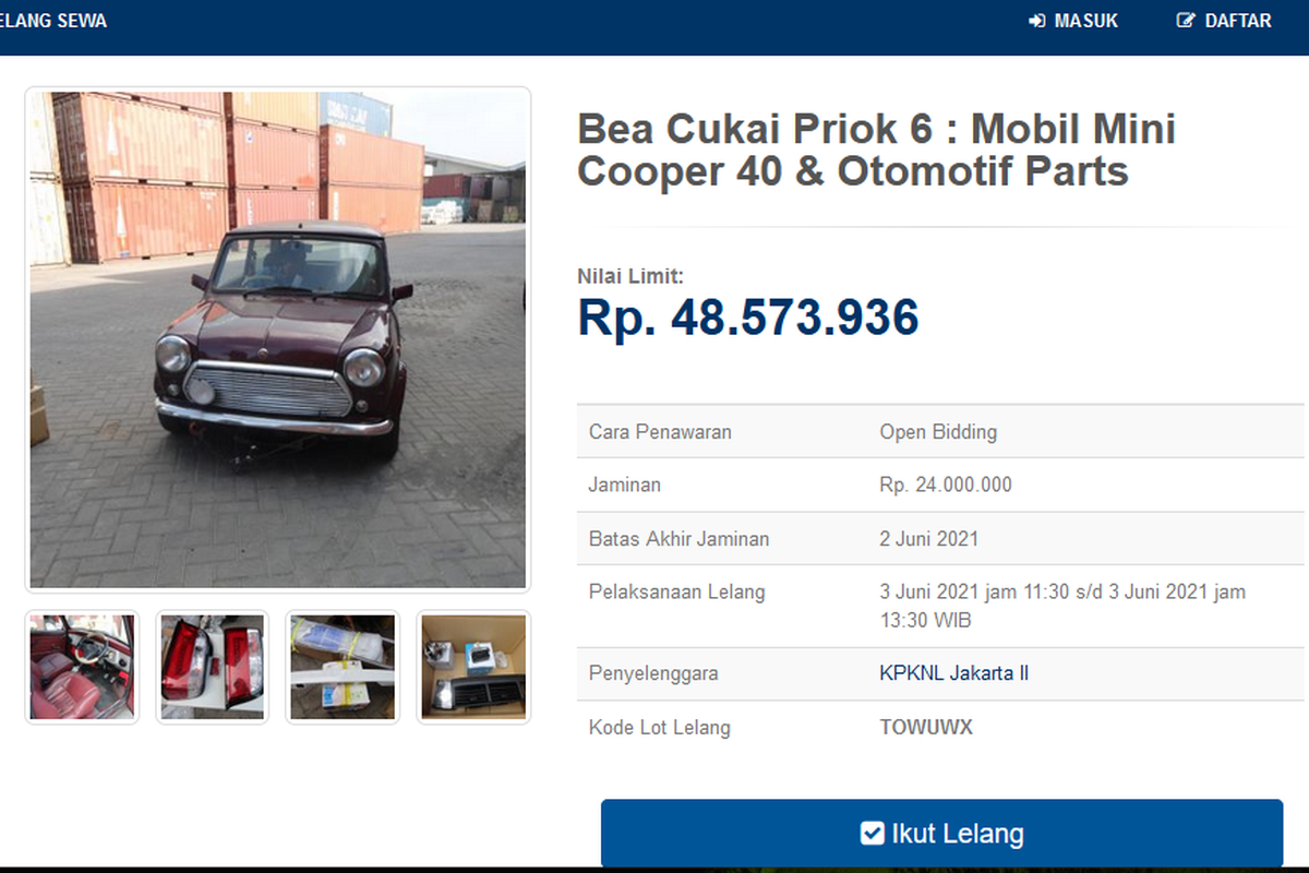 Tangkapan layar pengumuman lelang mobil Mini Cooper 40 oleh Bea Cukai (lelang.go.id)