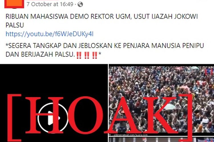 Tangkapan layar Facebook narasi yang menyebut ribuan mahasiswa melakukan demo menuntut rektor UGM mengusut ijazah palsu Jokowi