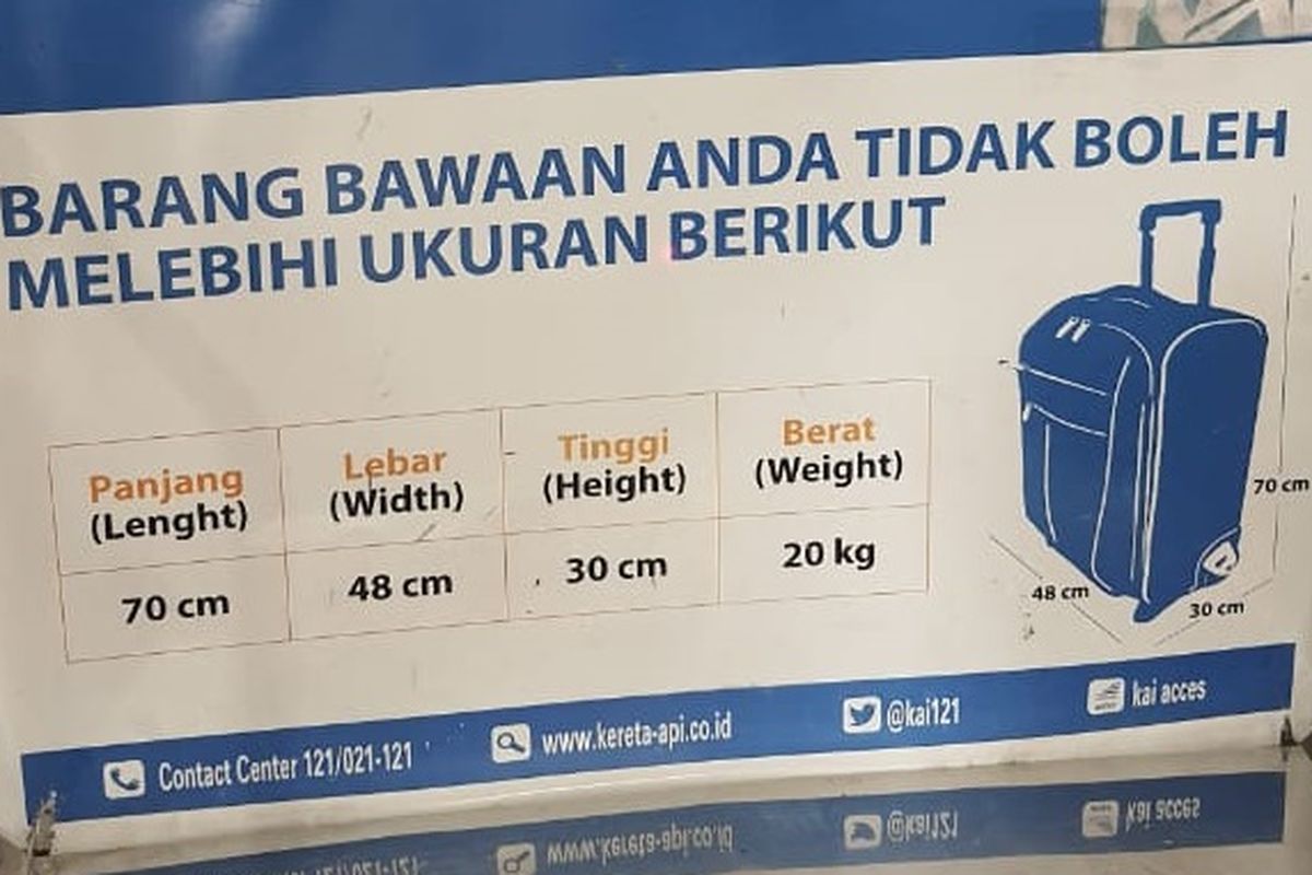Aturan bagasi kereta maksimal 20 kilogram.