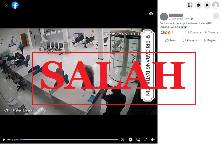 Tangkapan layar unggahan dengan narasi salah di sebuah akun Facebook, Senin (27/6/2022), soal video yang dikalim sebagai perampokan dan penembakan yang terjadi di kantor cabang BRI Batulicin.